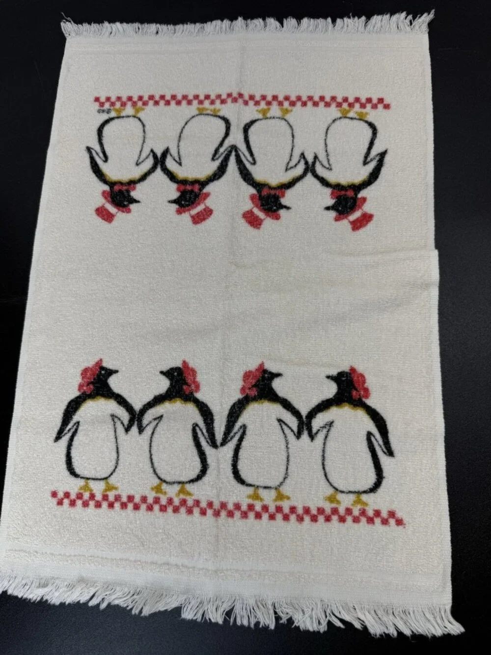 Set Of 2 Vintage Kitchen Hand Dish Towel Dancing Penguins Top Hat
